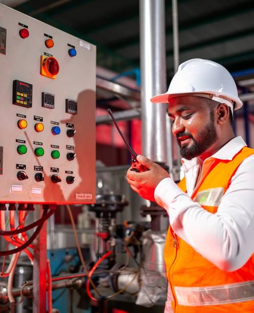 Professional engineers with helmets work to maintain industrial Professional engineers with helmets work to maintain industrial construction equipment, workers are inspecting or repairing machines with radio.